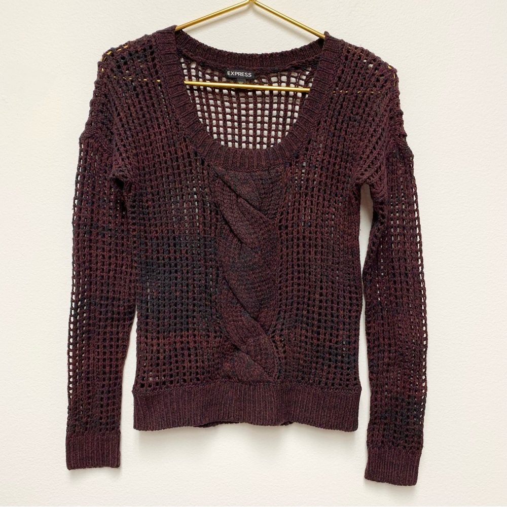 Express Open Knit Cable Knit Sweater Sz XS Maroon Wool Blend Dark Y2K Grunge Vtg